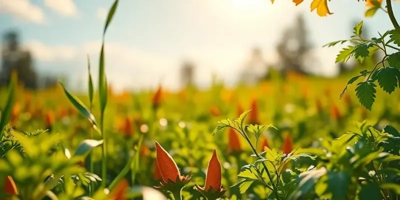 Photorealistic landscape depicting a vibrant field of organic spices and vegetables.