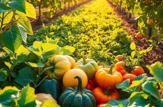 A vivid, sunlit view of a flourishing orchard with colorful fruits and vegetables, promoting an eco-friendly lifestyle.