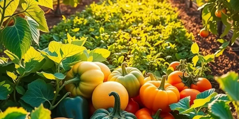 A vivid, sunlit view of a flourishing orchard with colorful fruits and vegetables, promoting an eco-friendly lifestyle.