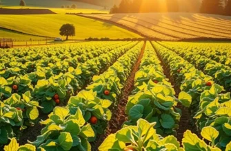 A sunny field filled with organic vegetables and fruits surrounded by greenery.