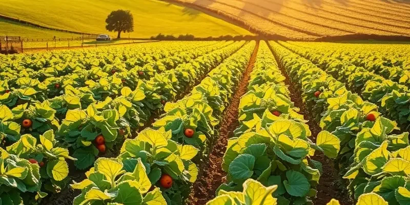 A sunny field filled with organic vegetables and fruits surrounded by greenery.