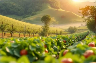 Photorealistic landscape showcasing an abundant variety of organic fruits and vegetables.