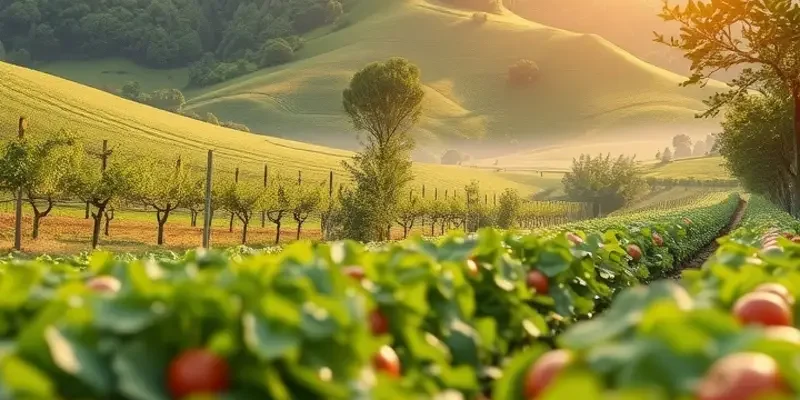 Photorealistic landscape showcasing an abundant variety of organic fruits and vegetables.