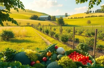 A vibrant sunlit field abundant with fresh vegetables and fruits, symbolizing healthy eating and connection to nature.