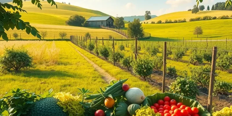 A vibrant sunlit field abundant with fresh vegetables and fruits, symbolizing healthy eating and connection to nature.