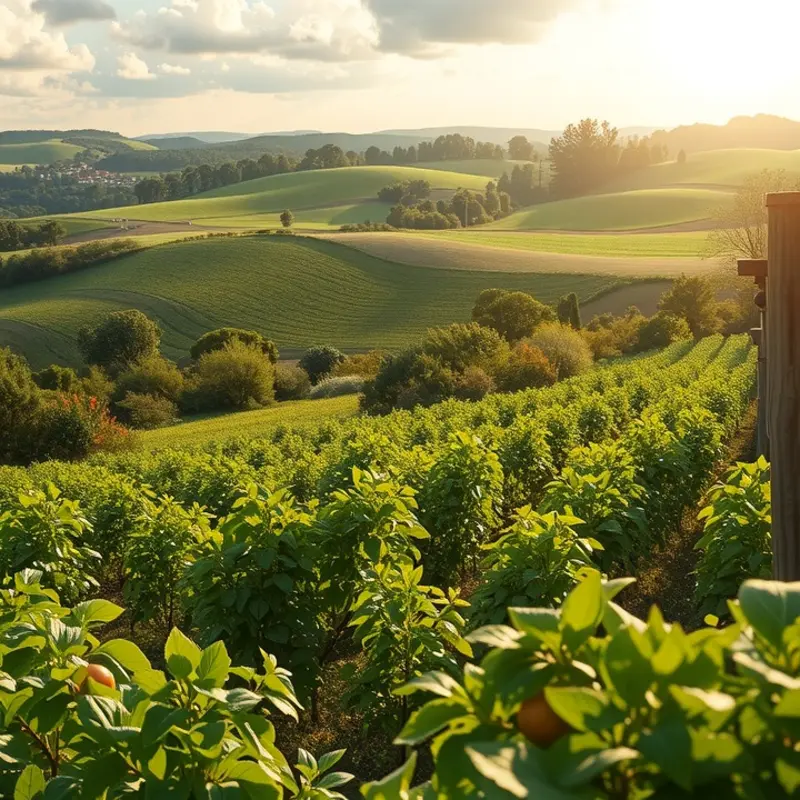 A sunlit orchard bursting with vibrant fruits ready for harvesting.