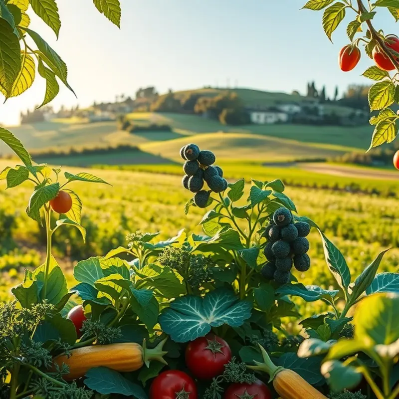 A sunlit orchard showcasing an abundance of fresh vegetables and fruits.