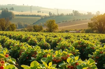 A vibrant landscape showcasing a variety of organic vegetables and fruits in a lush garden setting.