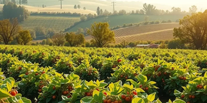 A vibrant landscape showcasing a variety of organic vegetables and fruits in a lush garden setting.