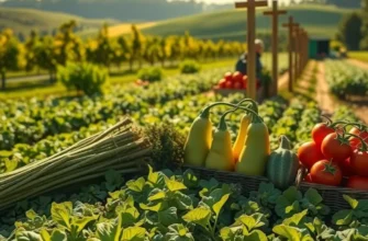 A scenic view of a natural orchard flourishing with fruits and vegetables.