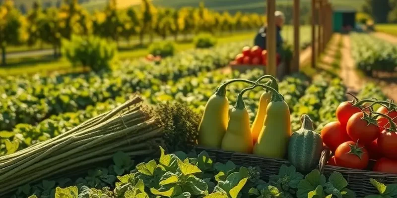A scenic view of a natural orchard flourishing with fruits and vegetables.