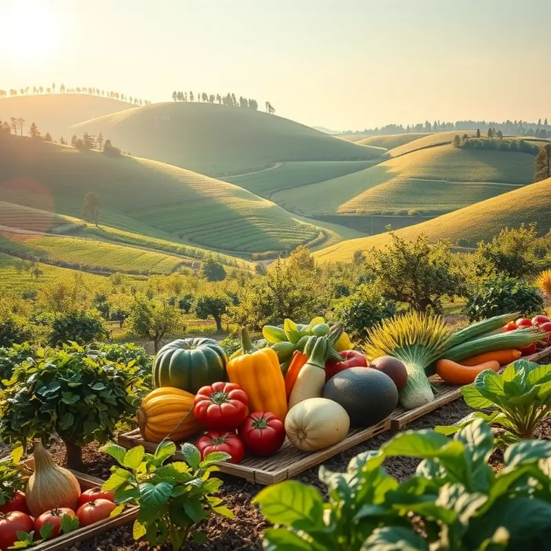 A vibrant sunlit orchard filled with fresh vegetables and fruits, symbolizing whole foods in a clean eating lifestyle.