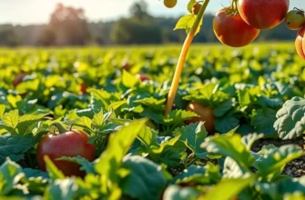 A photorealistic view of vibrant vegetables and fruits growing in a lush sunlit landscape.