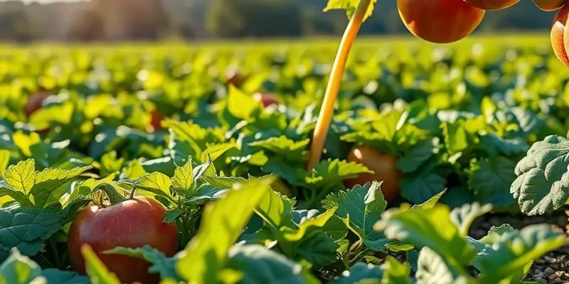 A photorealistic view of vibrant vegetables and fruits growing in a lush sunlit landscape.