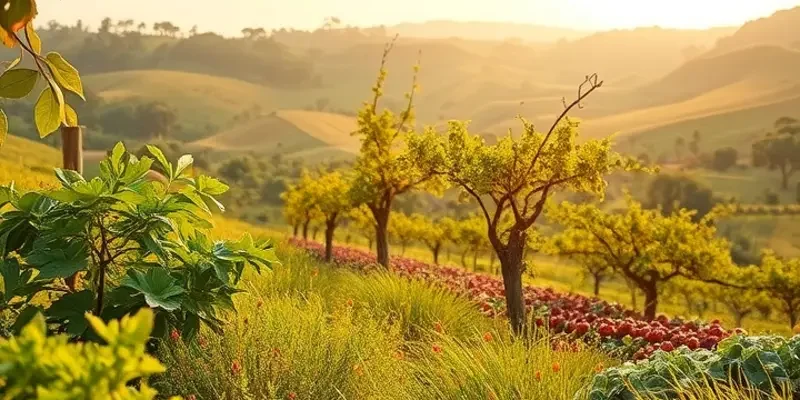 A picturesque landscape showcasing vibrant fruits and vegetables in a natural environment.