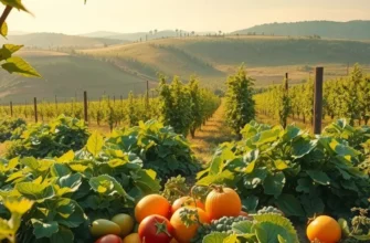 A scenic view featuring a lush field filled with organic vegetables and fruits.