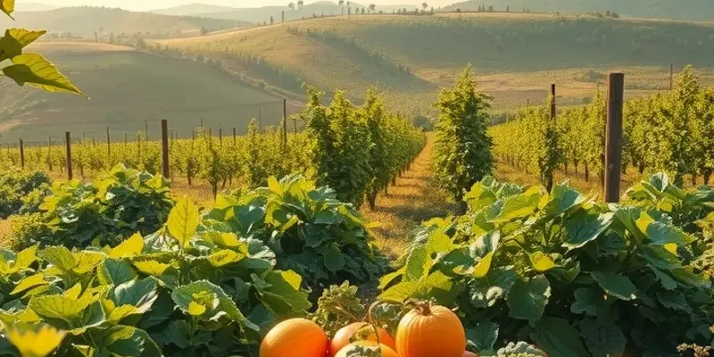 A scenic view featuring a lush field filled with organic vegetables and fruits.