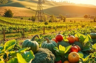 A lush field filled with organic vegetables and fruits growing naturally under soft sunlight.
