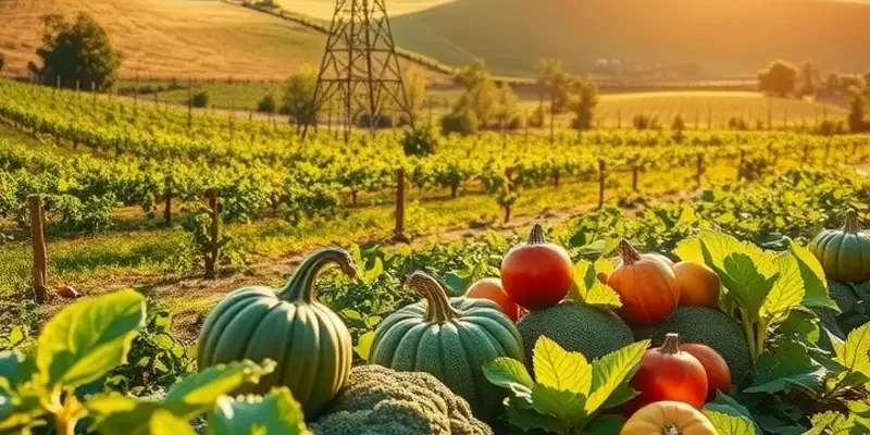 A lush field filled with organic vegetables and fruits growing naturally under soft sunlight.