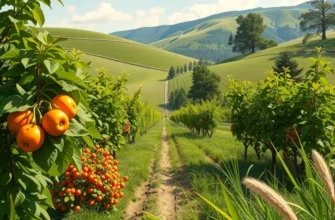 A beautiful sunlit field with organic fruits and vegetables growing in a lush environment.