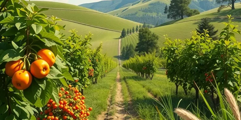 A beautiful sunlit field with organic fruits and vegetables growing in a lush environment.