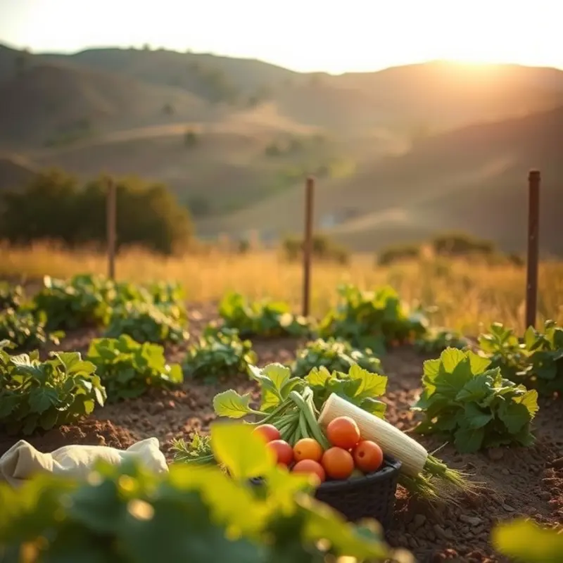 A vibrant sunlit field teeming with organic fruits and vegetables.