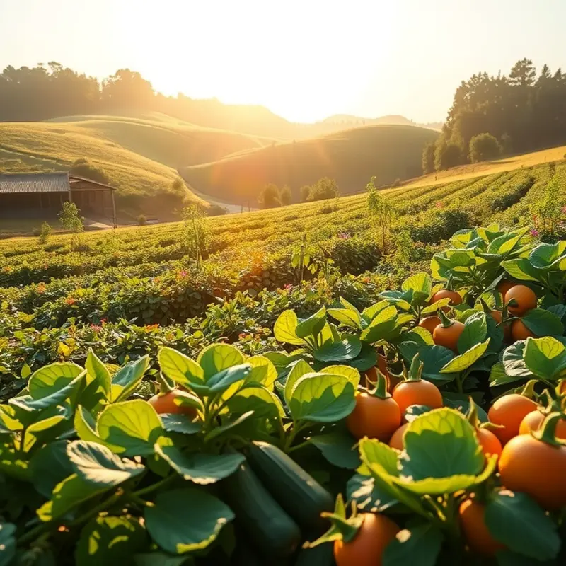 A vibrant sunlit field filled with organic grains and vegetables.