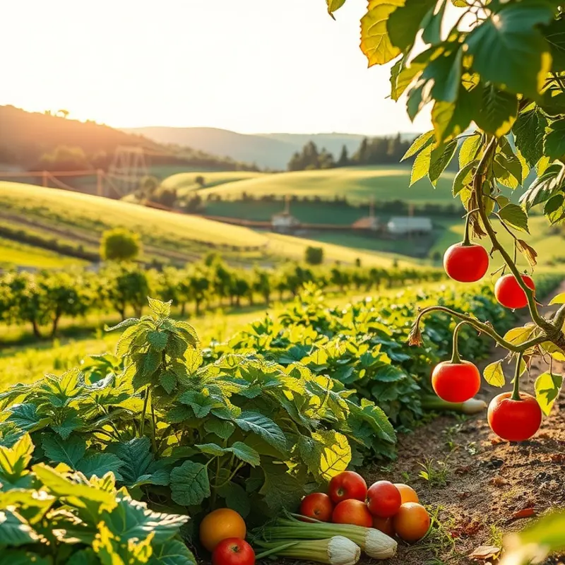 A scenic sunlit field showcasing vibrant vegetables and fruits grown organically.