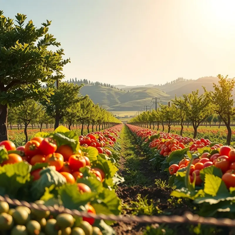 A sunlit field brimming with organic vegetables and fruits.