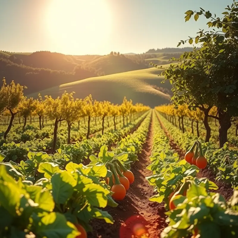 A sunlit field showcasing vibrant vegetables and fruits, symbolizing the connection between nature and nourishment.