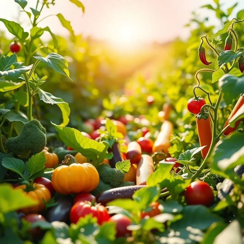 A beautiful view of a sunlit field filled with fresh vegetables and fruits.