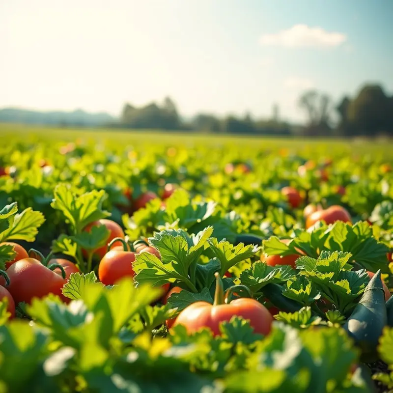 A vibrant sunlit field teeming with organic fruits and vegetables.