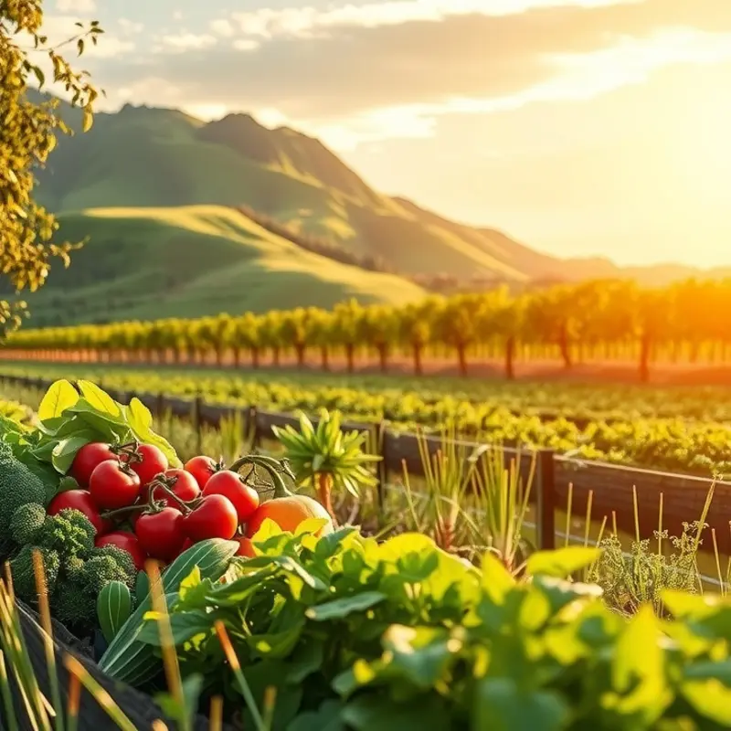 A vibrant sunlit orchard filled with fresh vegetables and fruits, symbolizing whole foods in a clean eating lifestyle.