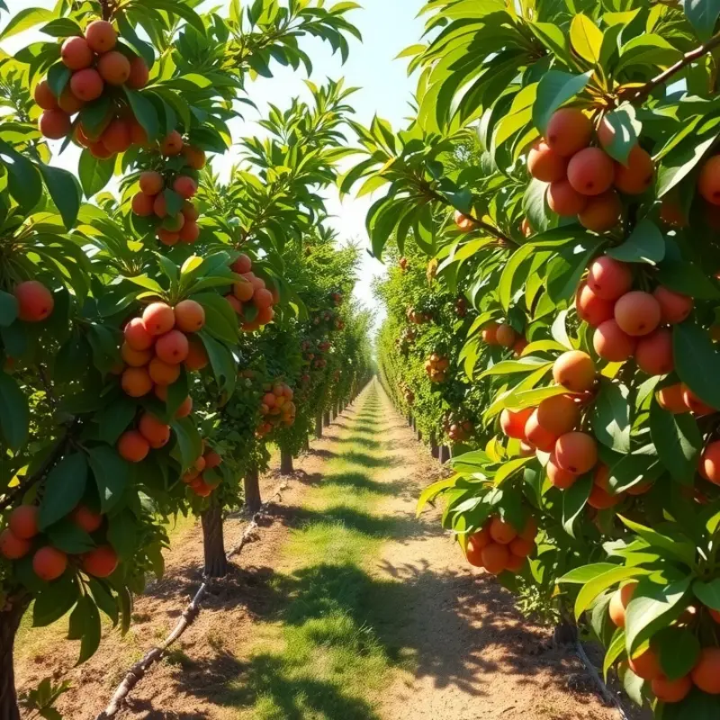 A beautiful view of a sunlit field filled with fresh vegetables and fruits.