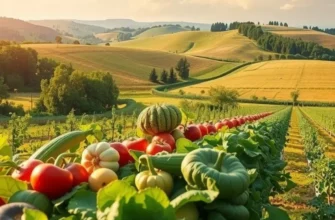 Photorealistic landscape depicting a lush organic harvest field with vibrant colors.
