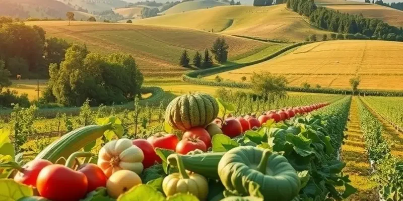 Photorealistic landscape depicting a lush organic harvest field with vibrant colors.