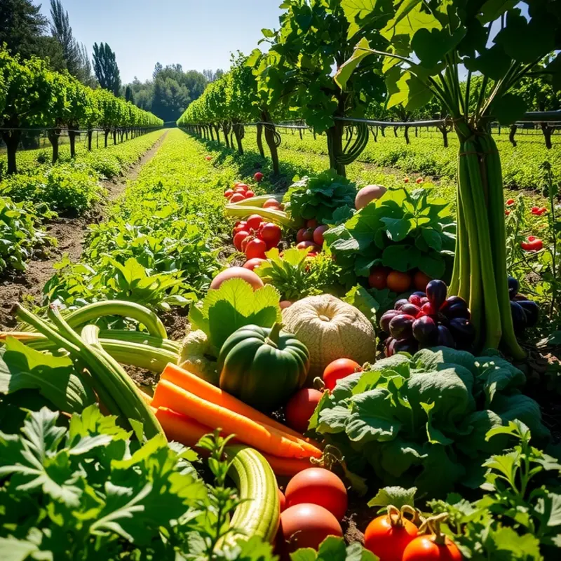 A beautiful orchard filled with vibrant fruits and vegetables, representing sustainable food choices.