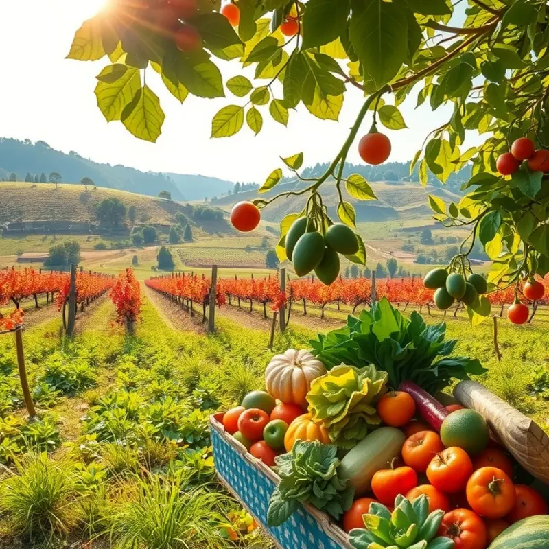 A vibrant sunlit field showcasing a diverse selection of organic vegetables and fruits.