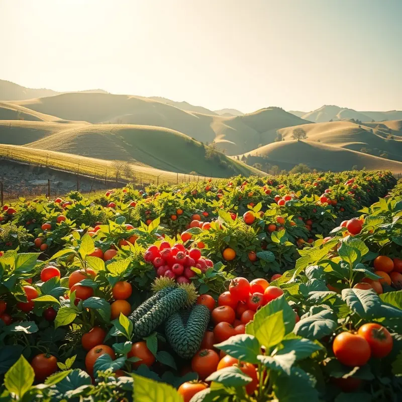 A scenic sunlit field showcasing vibrant vegetables and fruits grown organically.