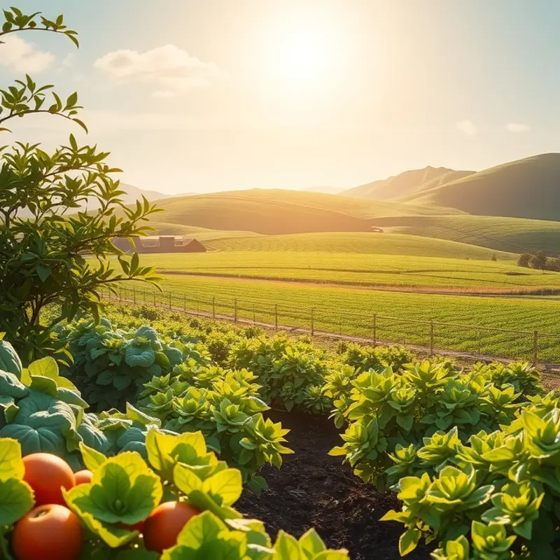 A sunlit orchard showcasing an abundance of fresh vegetables and fruits.