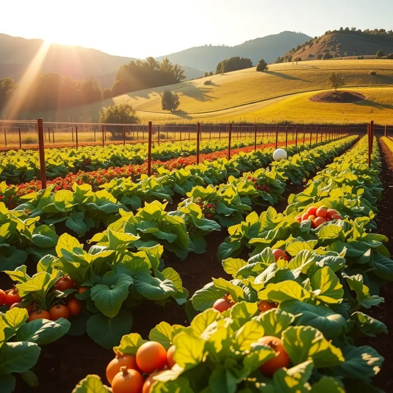 A lively field of organic vegetables and fruits reflecting sustainability.